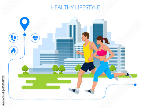 Early morning workout. Living healthy lifestyle. Couple running across the city. Map navigation