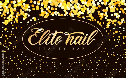 Hand lettering Elite nail beauty bar on golden background. Vector logo. Modern Calligraphy.