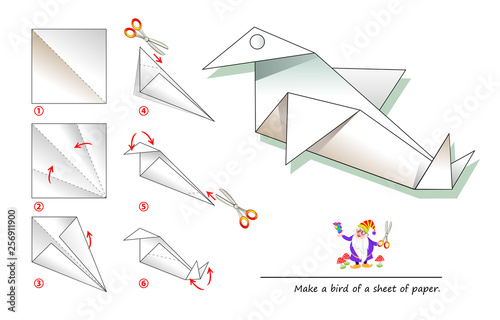 Printable template for kids with instructions for folding paper game Origami. Using scissors make a bird of a sheet of paper. Developing children skills for hand work. Back to school. Vector image.