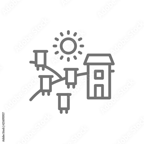 Apiary, hives on field line icon. Isolated on white background