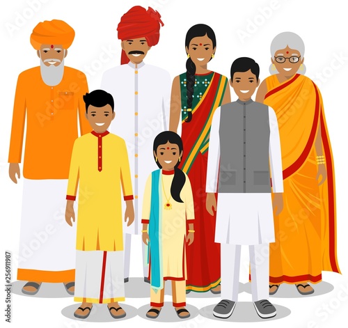 Family and social concept. Indian person generations at different ages. Set of people in traditional national clothes: grandmother, grandfather, father, mother, boy, girl standing together. Vector.