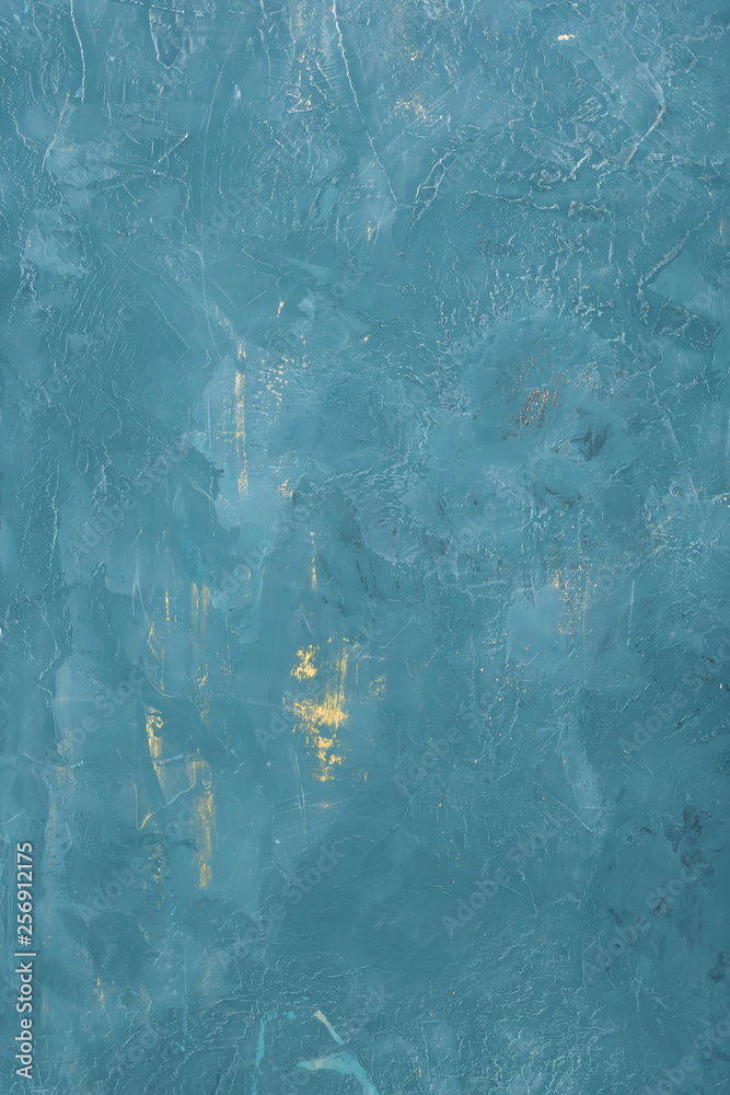 The texture of the blue wall. Aquamarine wall with drips of golden paint.  Decorating the walls in a loft style. Spray paint on the wall. Venetian  plaster background Stock Photo | Adobe