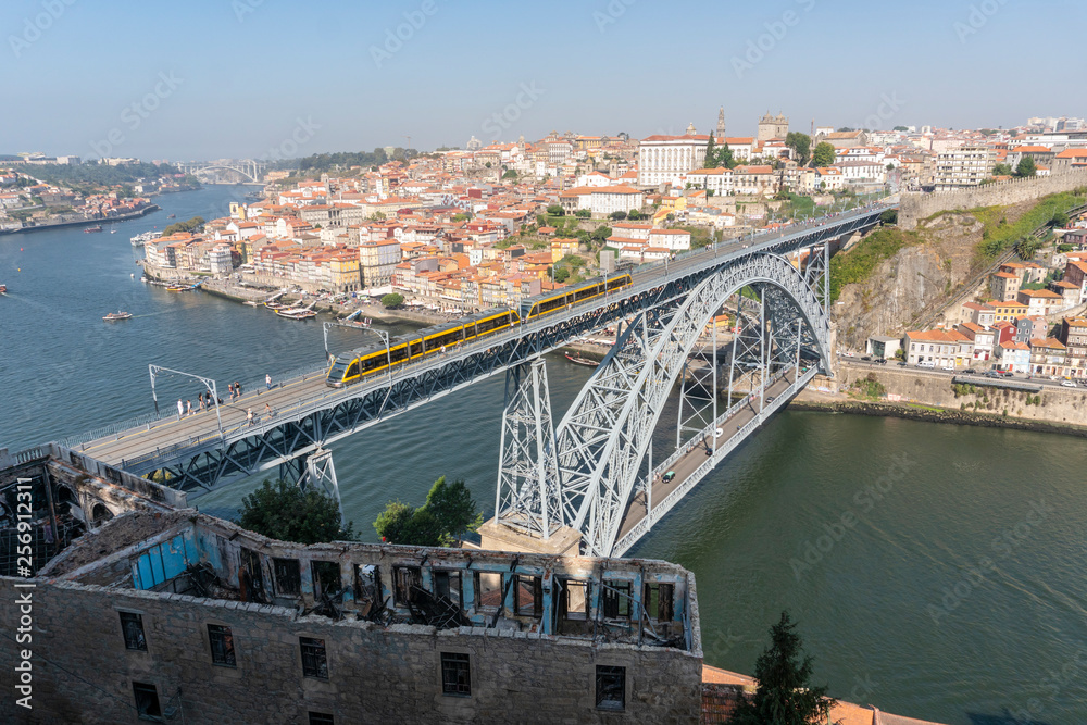 Subway Train crossing the Dom Luis I Bridge in Porto Portugal