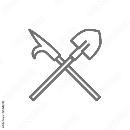Fire gaff with shovel, firefighter equipment line icon.