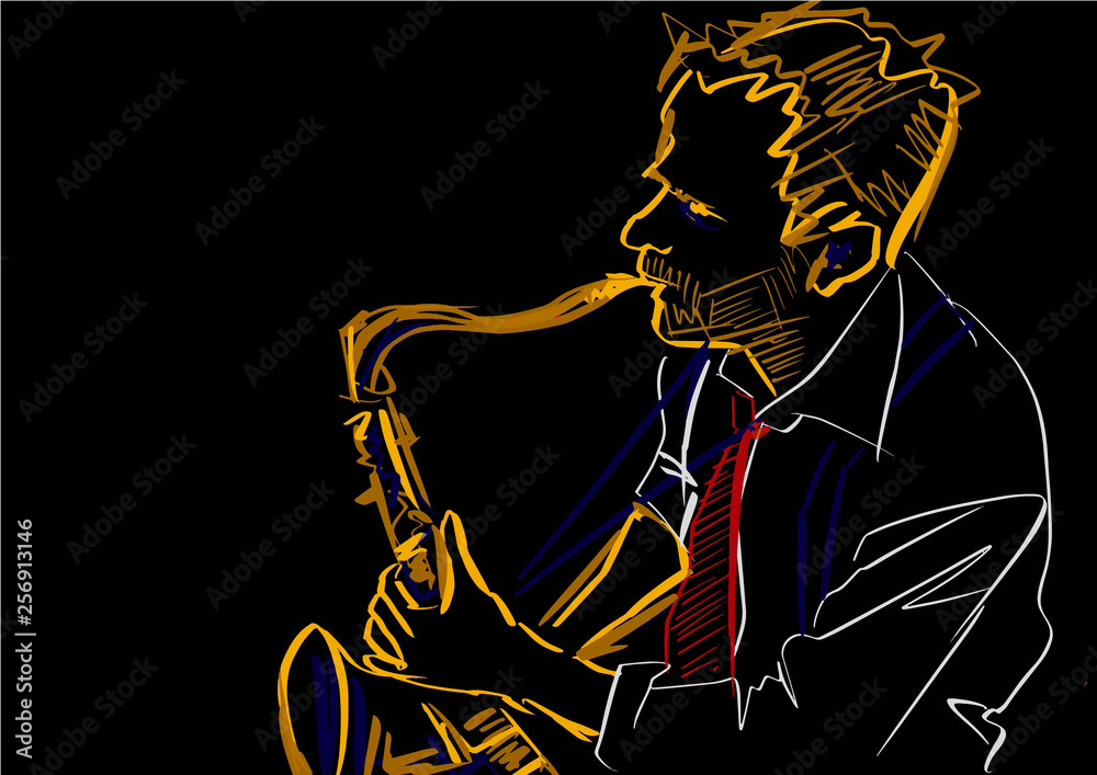 Saxophone player. Colorful lines on black background. Musical vector illustration. Hand drawn saxophone player.