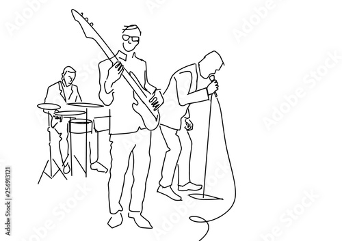 Guitarist, drummer and singer performs on stage. Musical band drawing. Line art style. Hand drawn sketch. Black  lines on white background. Vector illustration.