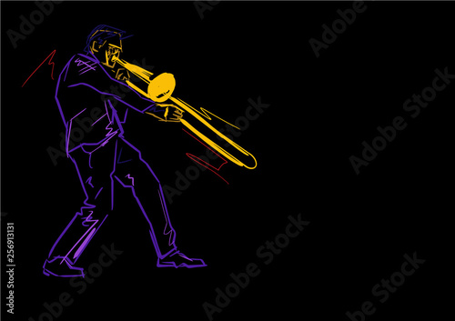 Trombonist on stage. Neon colors. Colorful lines on black background. Musical vector illustration. Hand drawn trombone player. photo