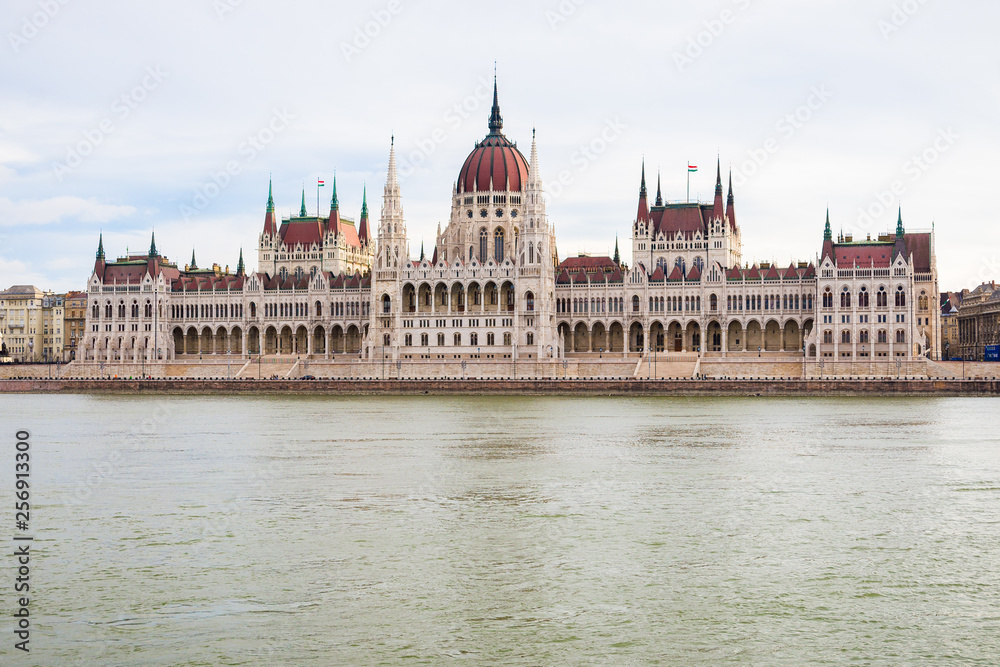 Hungarian Parlament building taken from the riverbanks of Danube river in Budapest, Hungary