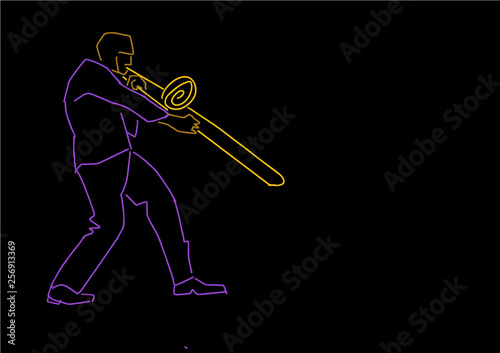 Trombonist. Musical illustration. Hand drawn colorful contour on black background. Trombone player silhouette. Purple and yellow neon colors. Vector.