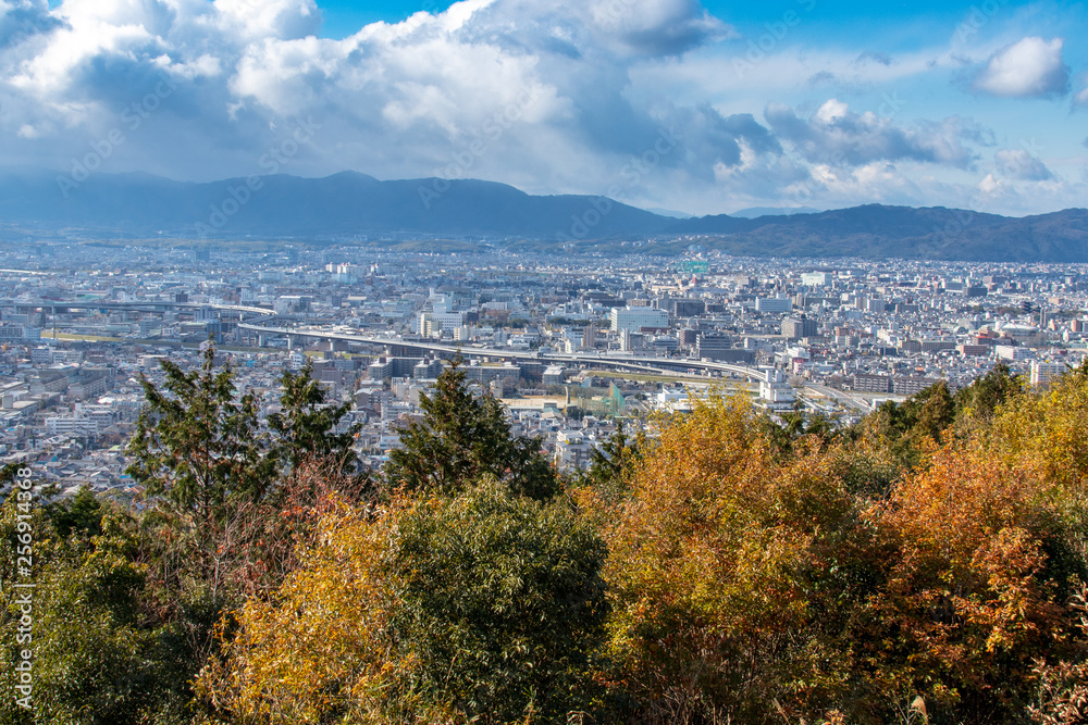 City panorama of kyoto Japan with trees in foreground