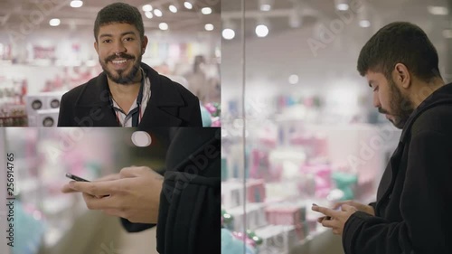 Collage of medium and close up shots of young mixed-race man with beard at shopping mall, choosing present, texting on phone. Lifestyle concept photo