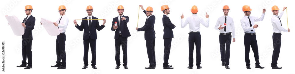panoramic photo collage of confident architect isolated on white panoramic photo collage of confident architect isolated on white