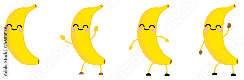 Cute kawaii style Banana fruit icon, eyes closed, smiling. Version with hands raised, down and waving.