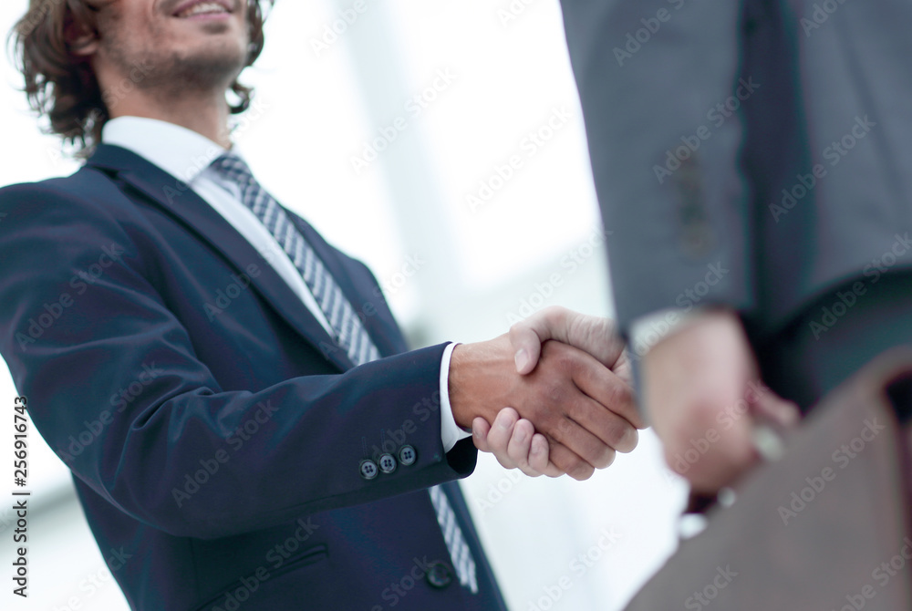 Two young businessmen greet