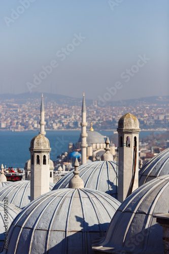 Image of coastal zone, buildings with domes, sea, sky .