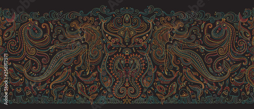 Vector seamless pattern. Fantasy mermaid, octopus, fish, sea animals colorful contour thin line drawing with ornaments on a black background. Embroidery border, wallpaper, textile print, wrapping pape