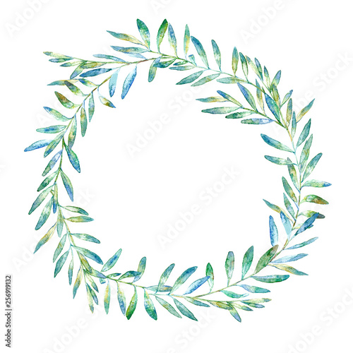 Floral wreath.Garland with pistachio branches.Watercolor hand drawn illustration.It can be used for greeting cards  posters  wedding cards.White background.