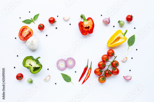 Fototapeta Naklejka Na Ścianę i Meble -  Various fresh vegetables and herbs on white background. Healthy eating concept