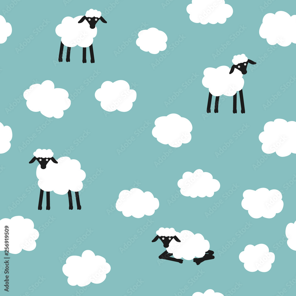 Cute seamless pattern. Clouds and sheeps on blue background Cute seamless pattern. Clouds and sheeps on blue background