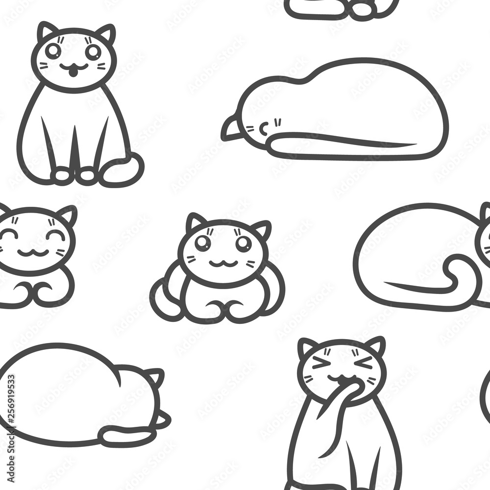 Cute seamless vector pattern. Outline of cats in kawaii style
