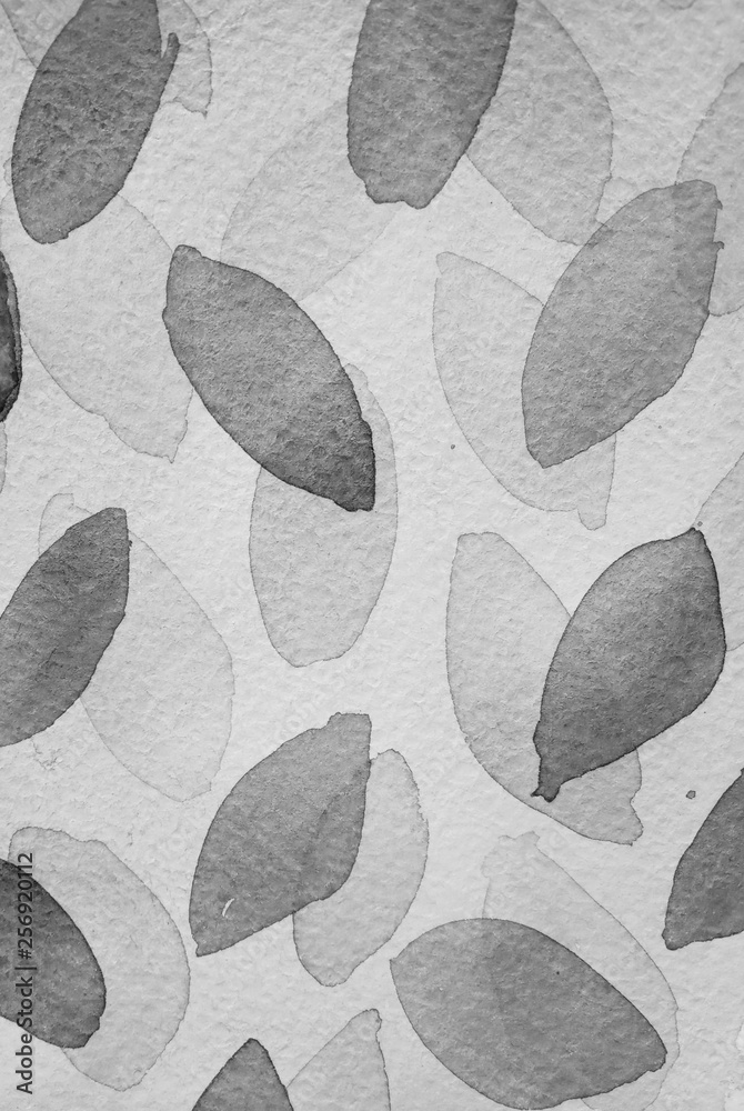 Fototapeta Abstrakcjonistyczna monochromatyczna akwarela od latającego owalnego liścia kształtuje w szarym tle jak krople