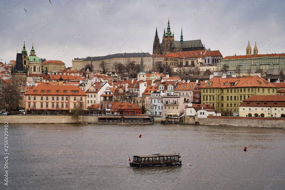 Prague, Czech Republic - March 04, 2019: Old Town - the historic district of Prague in the Prague 1 area on the right bank of the Vltava. Boat