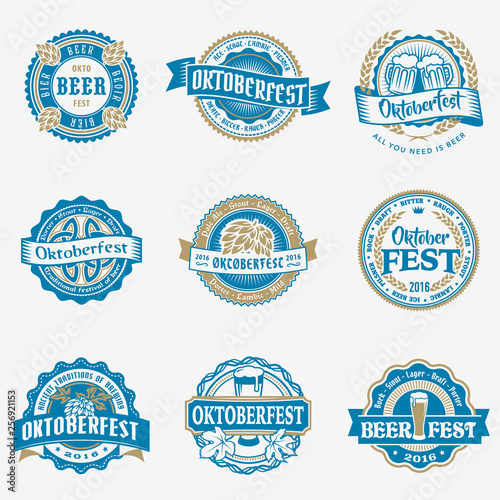 Oktoberfest vector blue logo beer labels set photo