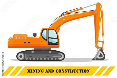 Excavator. Detailed illustration of heavy mining machine and construction equipment. Vector illustration.