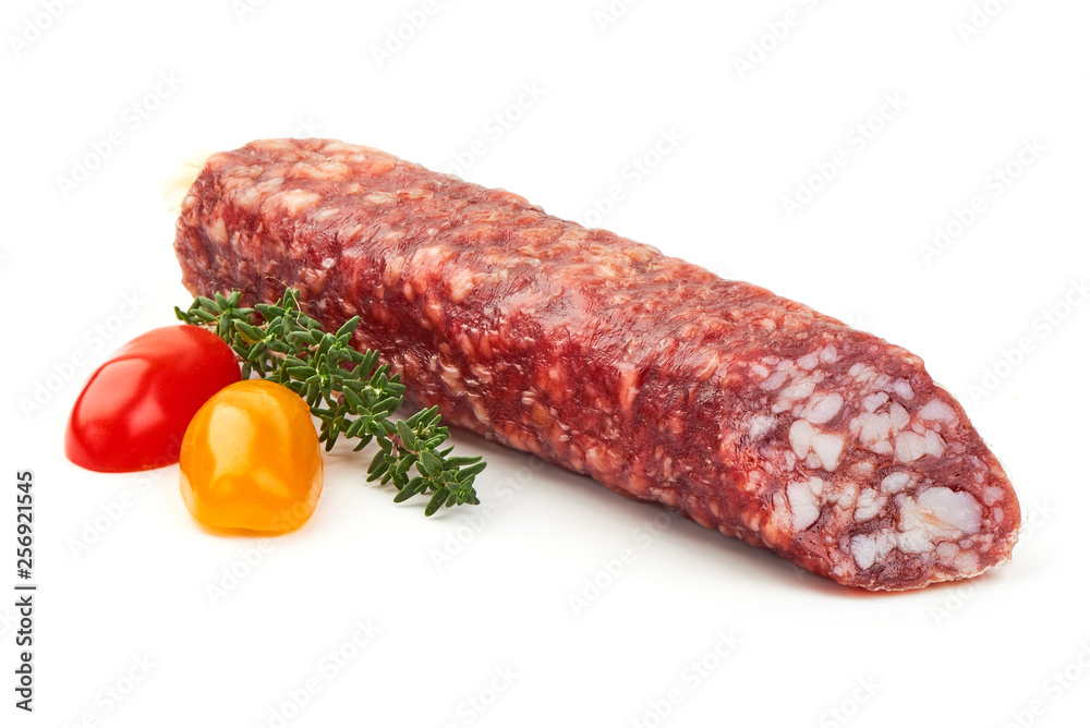 Dry-cured sausage, Jerked meat, close-up, isolated on white background Dry-cured sausage, Jerked meat, close-up, isolated on white background
