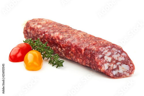 Dry-cured sausage, Jerked meat, close-up, isolated on white background