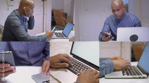 Collage of medium and close up shots of young Afro-american handsome bald man in blue shirt sitting at home, working on laptop, choosing music on phone. Work, communication concept photo