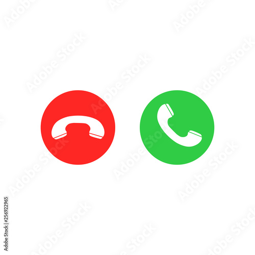 Phone call icons. Accept call and decline button. Green and red buttons with handset silhouettes. Vector icons set isolated on white background
