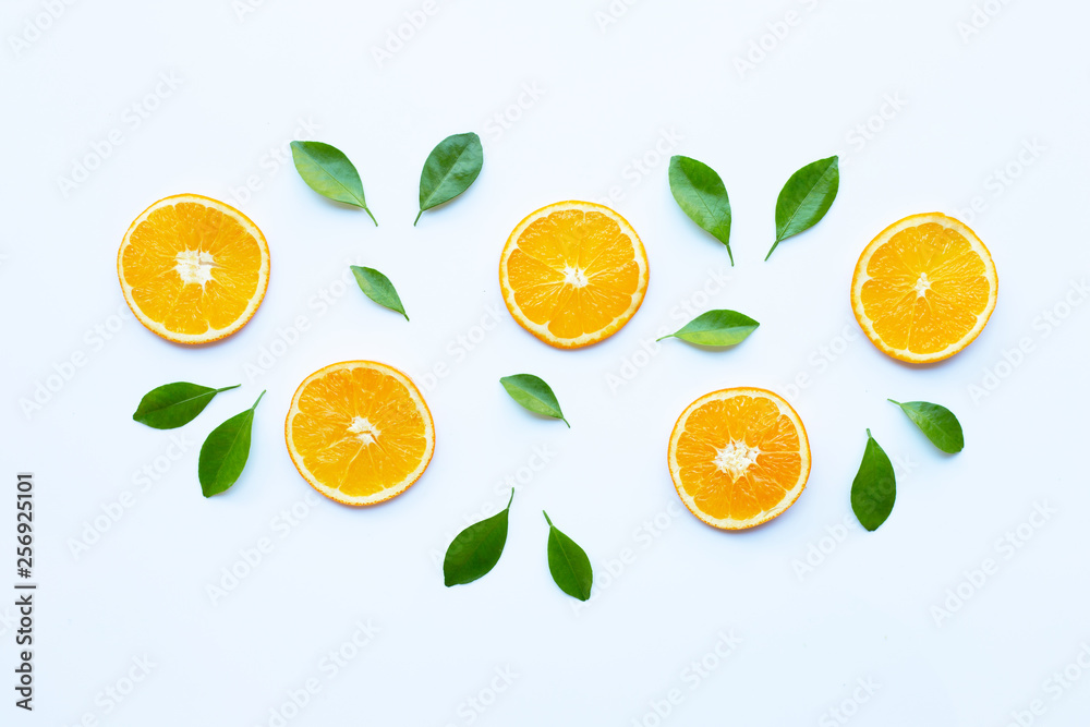 Fresh orange citrus fruit with leaves isolated on white. Fresh orange citrus fruit with leaves isolated on white.