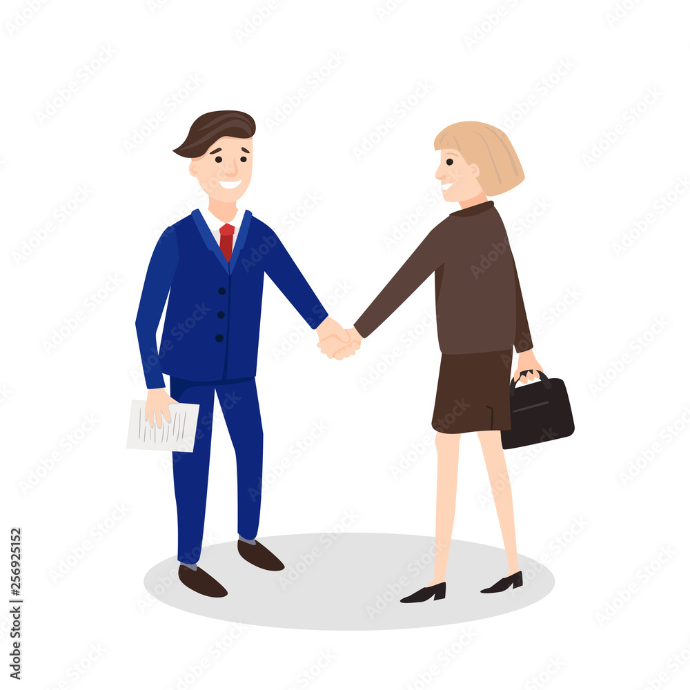 Business partners. Handshake of businessmen and businesswoman . Vector illustration of a flat design. Successfully completed an interview about the job. Business partners. Handshake of businessmen and businesswoman . Vector illustration of a flat design. Successfully completed an interview about the job.