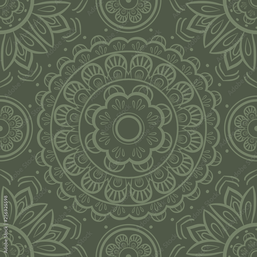 Seamless pattern with circular ornaments in green and light green tones Seamless pattern with circular ornaments in green and light green tones