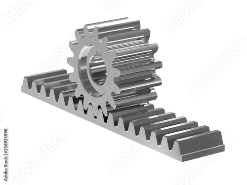 Rack gear. Image of a rack with a rolling gear wheel. Sliding gate mechanism. Educational image. 3D rendering