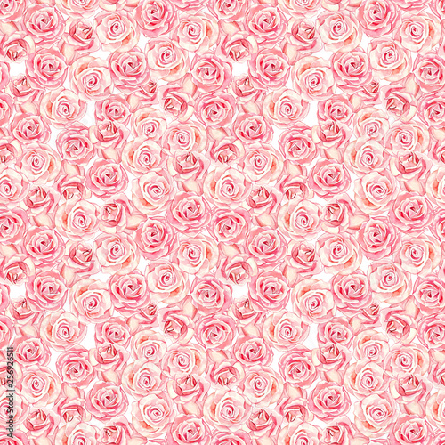 Watercolor hand painted botany gentle pink roses blossom illustration seamless pattern © Salnikova Watercolor