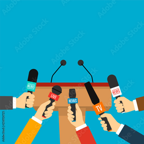 Rostrum, tribune and hands of journalists with microphones. Press conference concept. Vector illustration in flat style