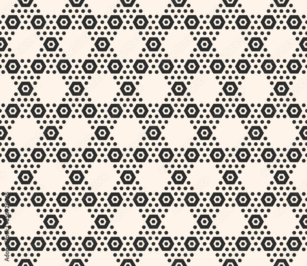 Vector geometric hexagon seamless pattern. Black and white honeycomb texture