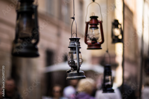 Gas lamps decor in famous cafe Gasova Lyampa in center of Lviv