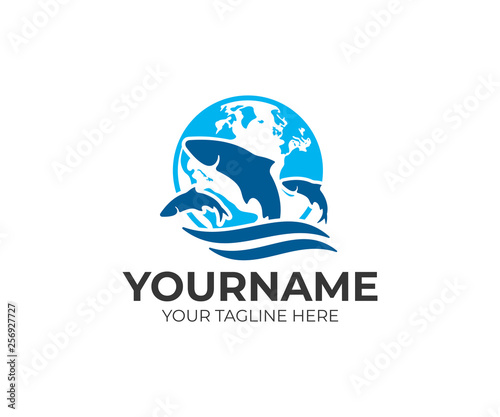 Environmental protection, breeding fish, planet earth and fish in water, logo design. Animals, underwater life, nature and ecological, vector design and illustration