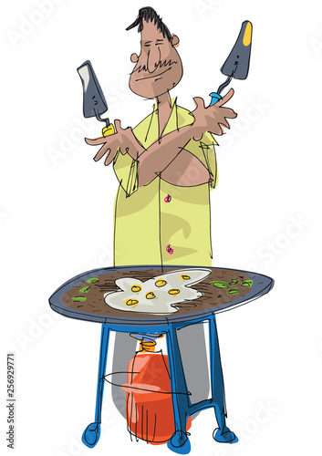 An indian street food vendor cooking fried eggs. Cartoon, Caricature.