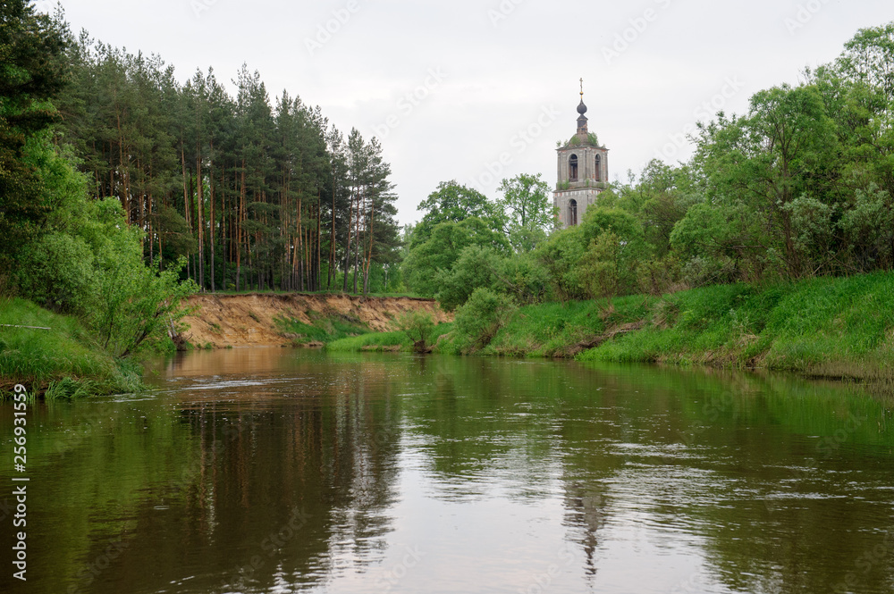 Landscape with the Russian church. Kirzhach. Golden Ring of Russia.
