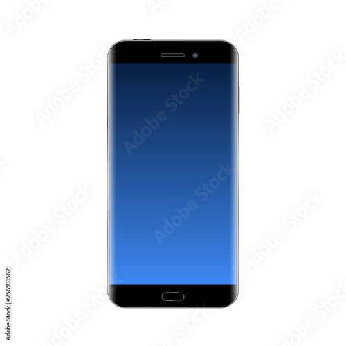 Black smartphone on white background. Mock up phone with blank blue screen.