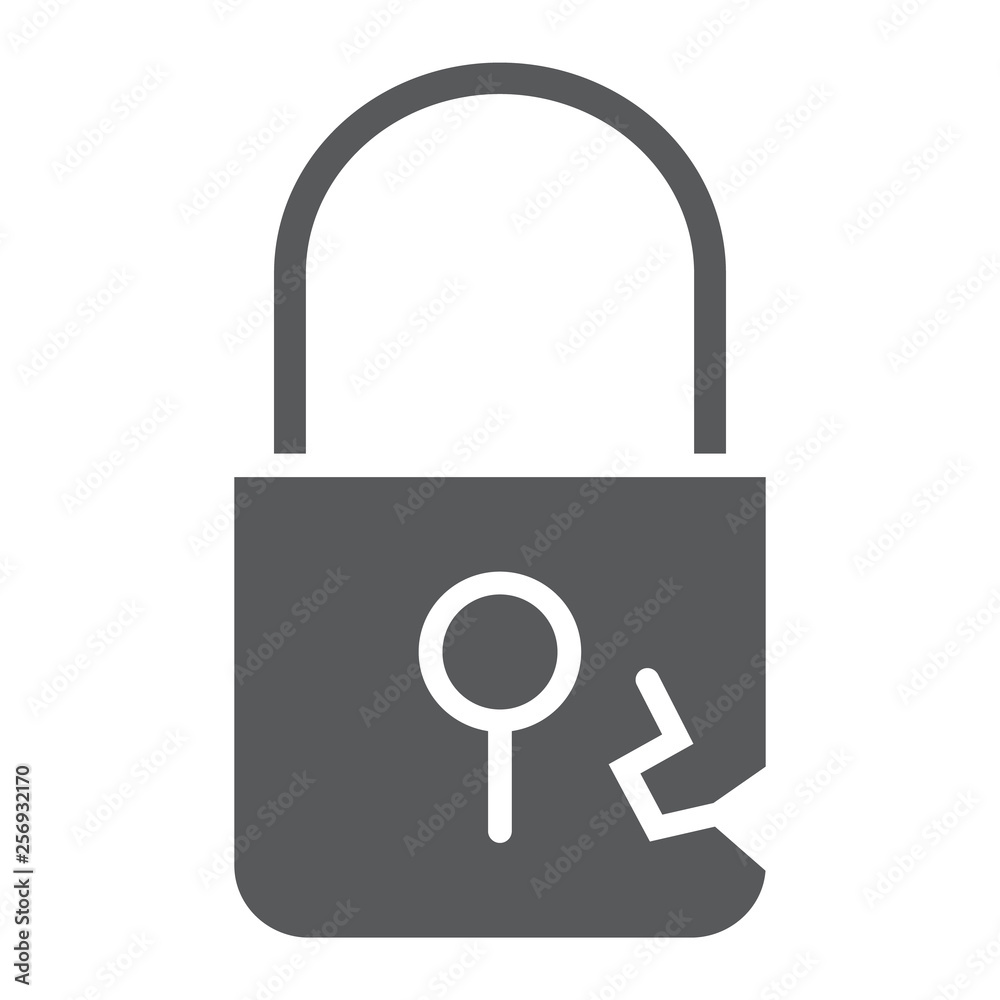 Lock breach glyph icon, privacy and protect, padlock sign, vector graphics, a solid pattern on a white background. Lock breach glyph icon, privacy and protect, padlock sign, vector graphics, a solid pattern on a white background.