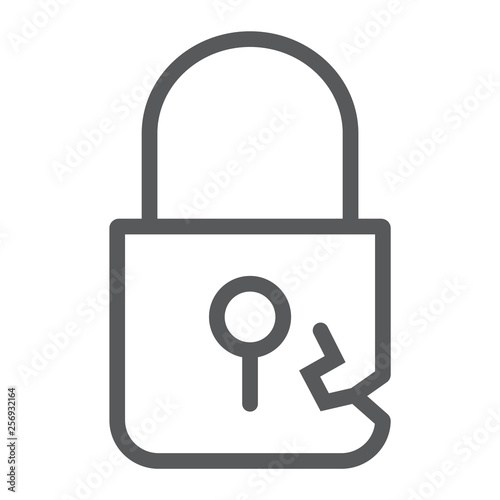 Lock breach line icon, privacy and protect, padlock sign, vector graphics, a linear pattern on a white background.