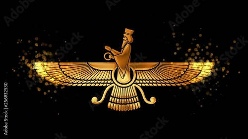 Golden Faravahar, zoroastrianism religious symbol on transparent background.