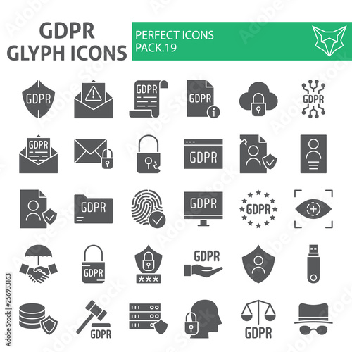 Gdpr glyph icon set, general data protection regulation symbols collection, vector sketches, logo illustrations, security signs solid pictograms package isolated on a white background.