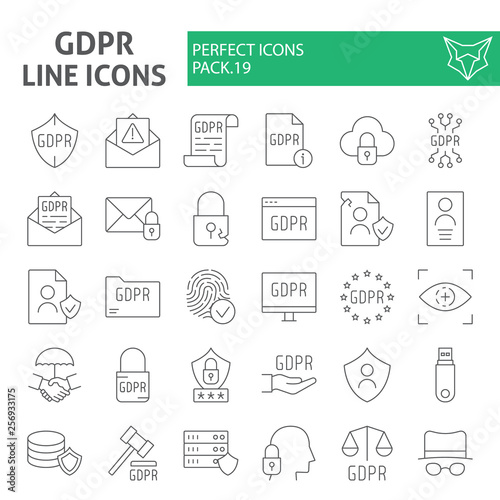 Gdpr thin line icon set, general data protection regulation symbols collection, vector sketches, logo illustrations, security signs linear pictograms package isolated on a white background.