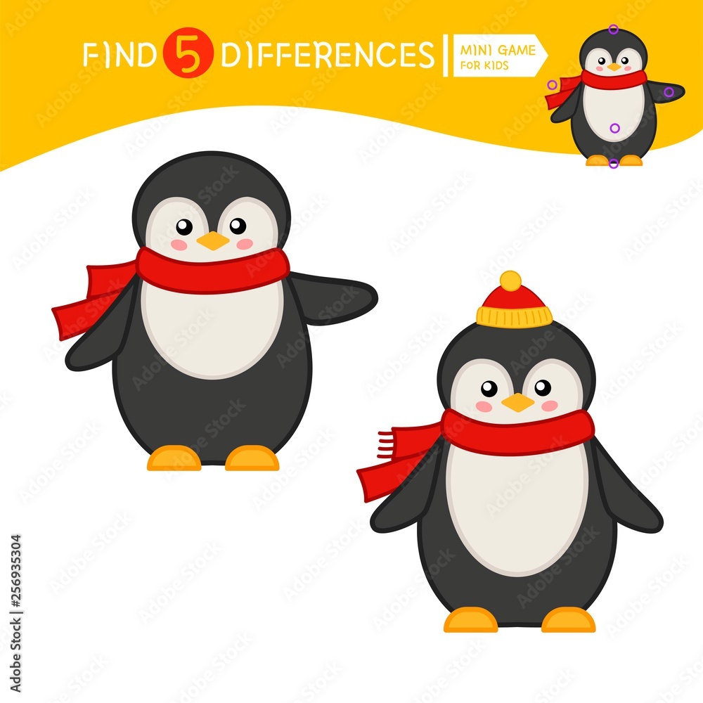 Obraz premium Find differences. Educational game for children. Cartoon vector illustration of cute penguin.
